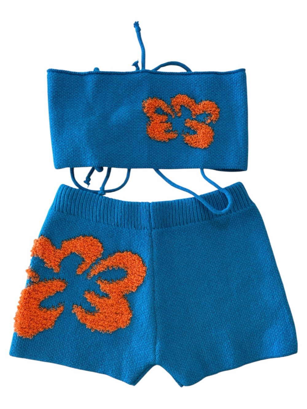 Blue Knit Two-Piece Set with Orange Floral Appliqué
